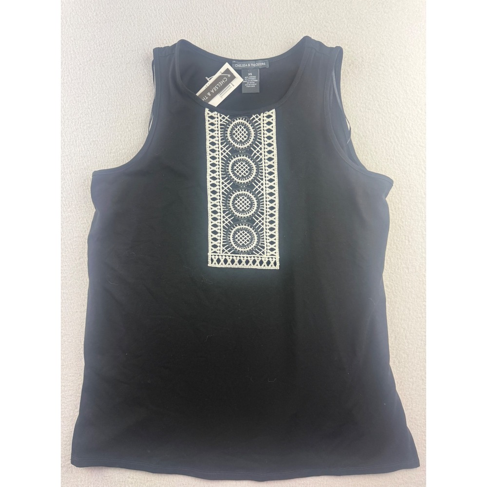 Chelsea & Theodore Womens Black‎ Sleeveless Embroidered Tank Top XS New